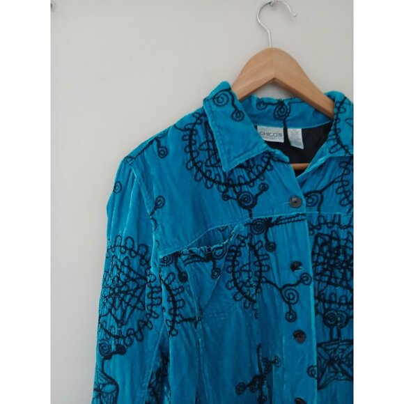 Vtg Chico’s Velvet Embroidered Button Down Silk Jacket Top Size 1 Medium 8 Blue - Picture 3 of 8